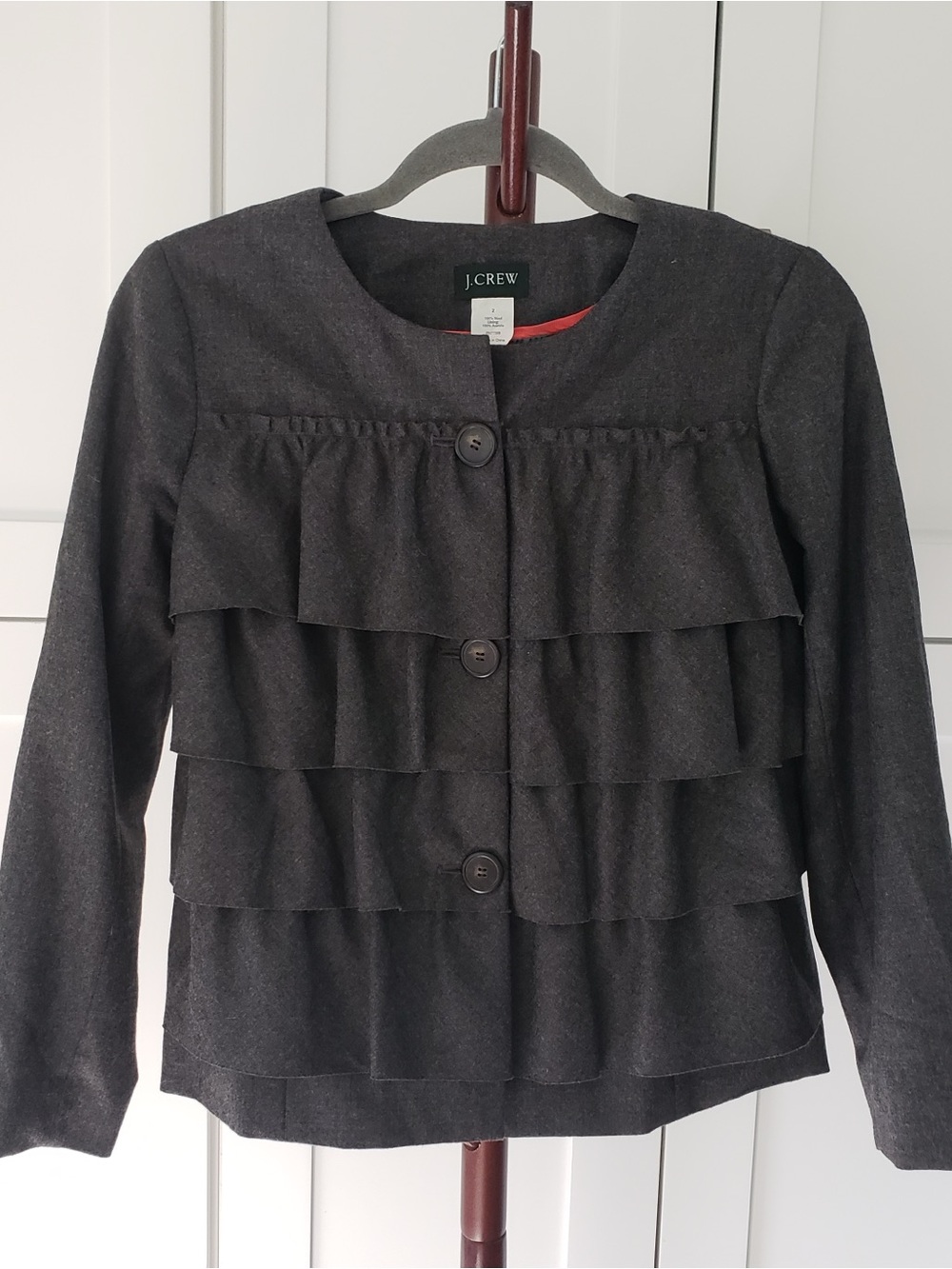 J Crew Ruffle Jacket Womens 2 Gray Wool Tiered Cardigan Blazer‎